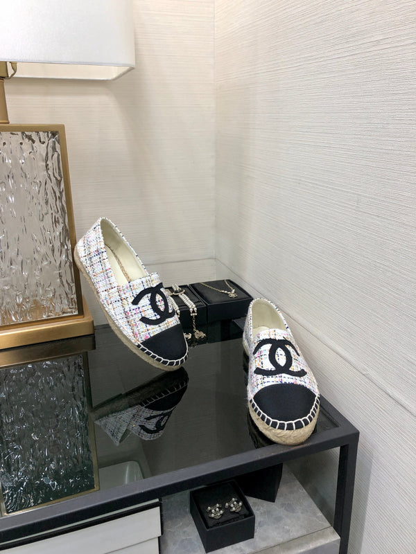 ESPADRILLE WHITE MIX BLACK TWEED FABRIC FLATS