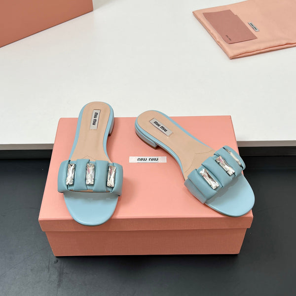 Miu 10mm Slipper with diamonds tiffany blue leather 223452