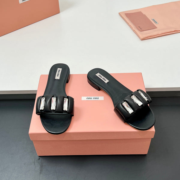 Miu 10mm Slipper with diamonds black leather 223454