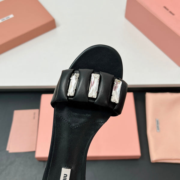 Miu 10mm Slipper with diamonds black leather 223454