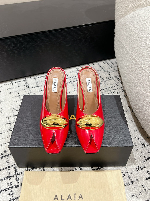Alaia 25 Azzedine High Heels Mules With Gold Hardware Red Calfskin 293187