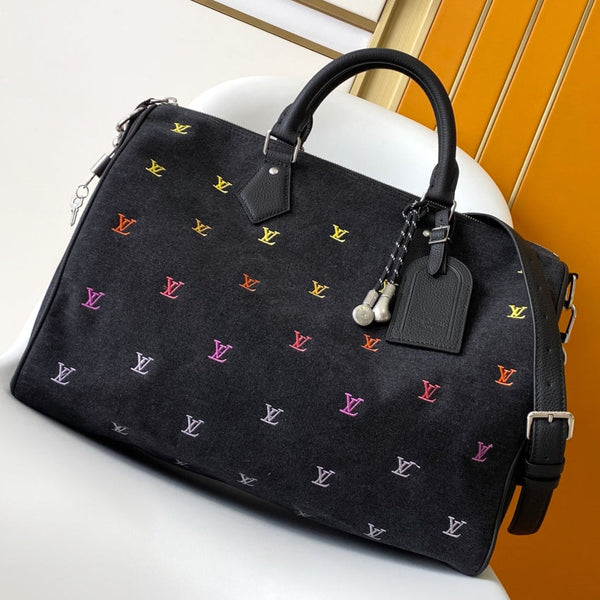 LV Speedy 40 Bandoulière Bag Black Denim Leather 252470