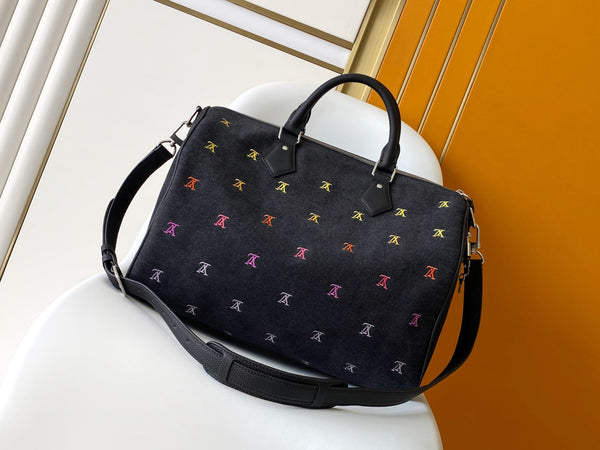 LV Speedy 40 Bandoulière Bag Black Denim Leather 252470