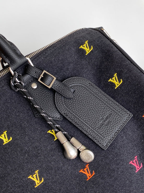 LV Speedy 40 Bandoulière Bag Black Denim Leather 252470