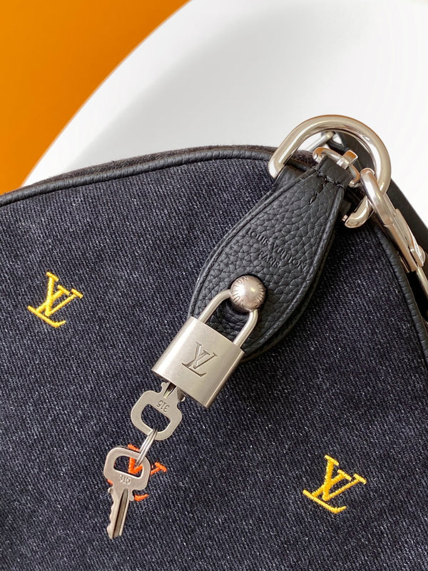 LV Speedy 40 Bandoulière Bag Black Denim Leather 252470