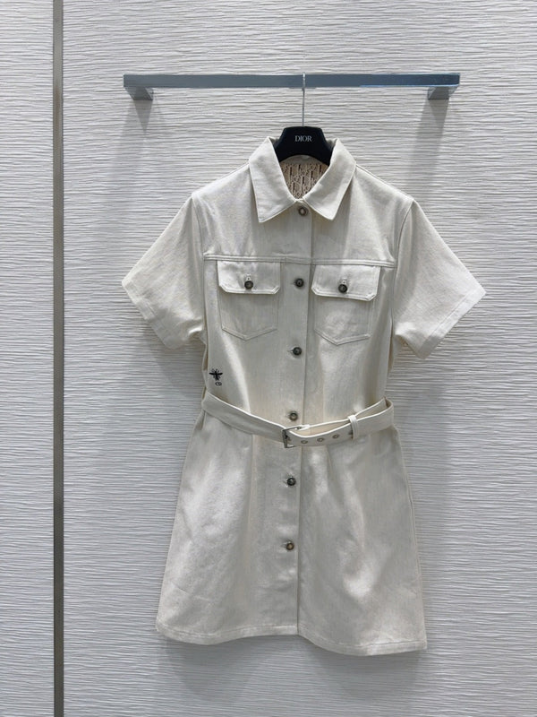 CD 2025 Short-sleeved Shirt Dress Light Beige Cotton