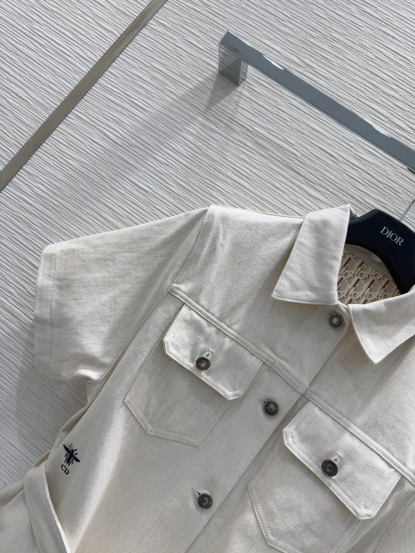 CD 2025 Short-sleeved Shirt Dress Light Beige Cotton