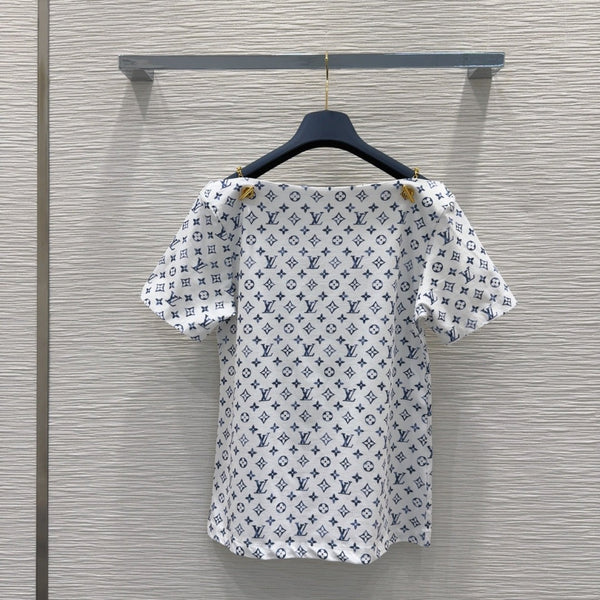 LV 25 Simple T-Shirt White Blue Cotton