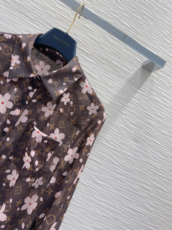 LV 25 Slightly Transparent Flower Shirt Brown Polyester