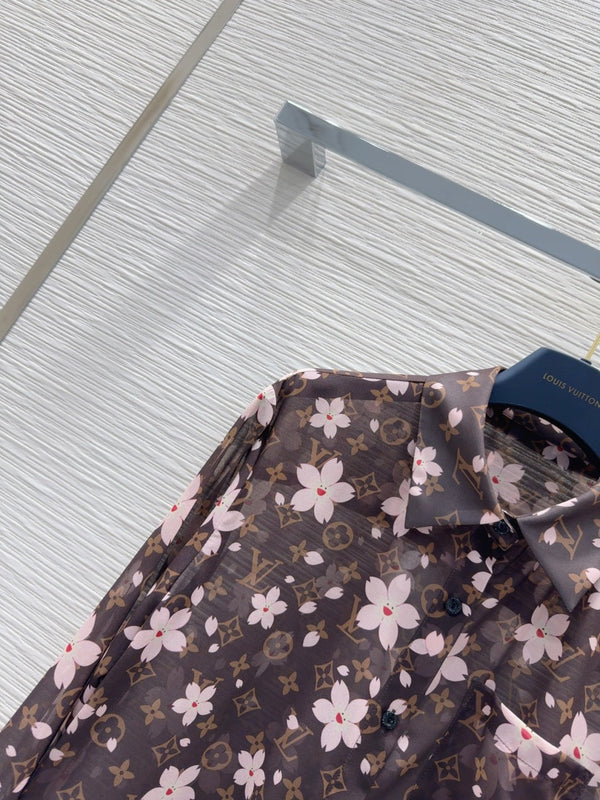 LV 25 Slightly Transparent Flower Shirt Brown Polyester