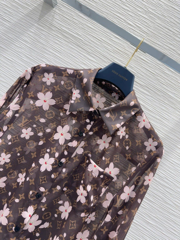 LV 25 Slightly Transparent Flower Shirt Brown Polyester