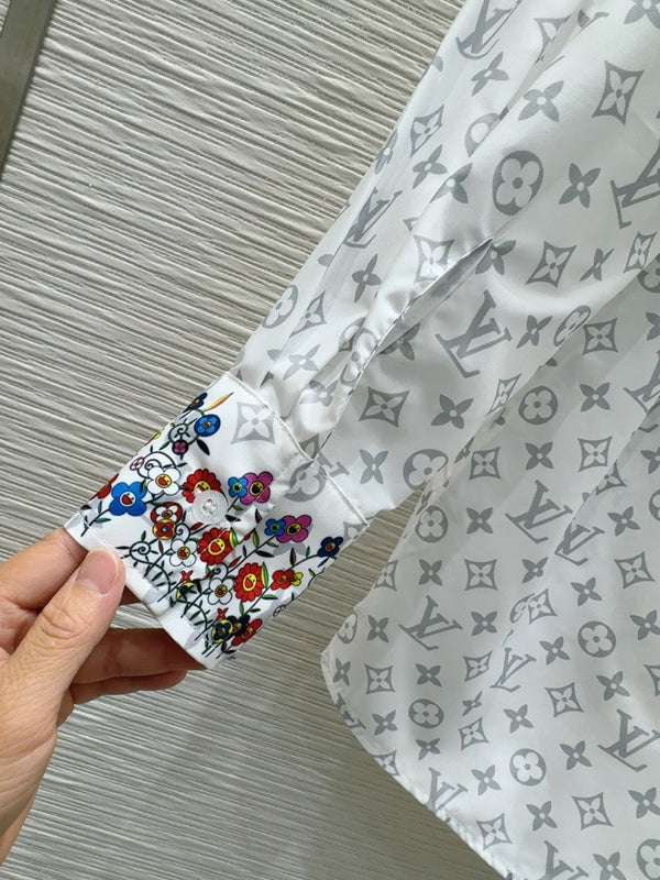 LV 25 Floral Wristband Shirt White Grey Polyester