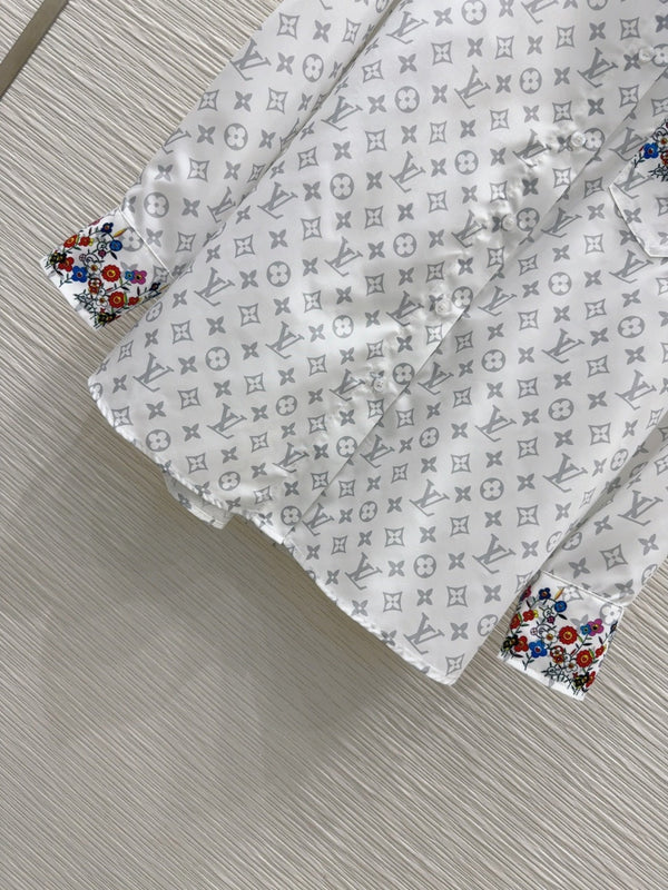LV 25 Floral Wristband Shirt White Grey Polyester