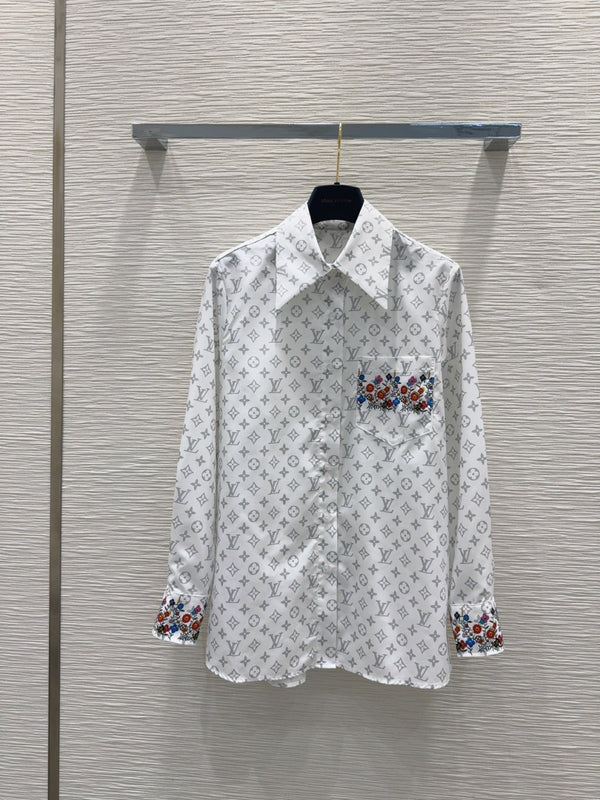 LV 25 Floral Wristband Shirt White Grey Polyester