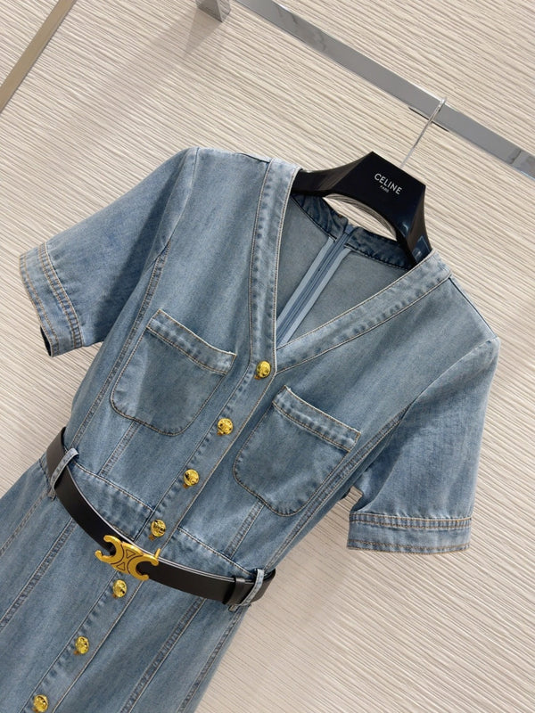 Celine 25 Short-sleeve Denim Dress Blue Cotton