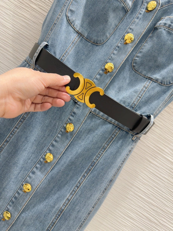 Celine 25 Short-sleeve Denim Dress Blue Cotton