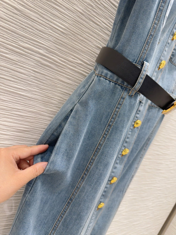 Celine 25 Short-sleeve Denim Dress Blue Cotton