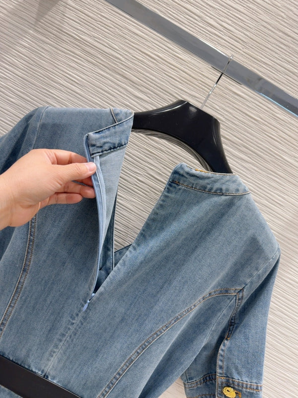 Celine 25 Short-sleeve Denim Dress Blue Cotton