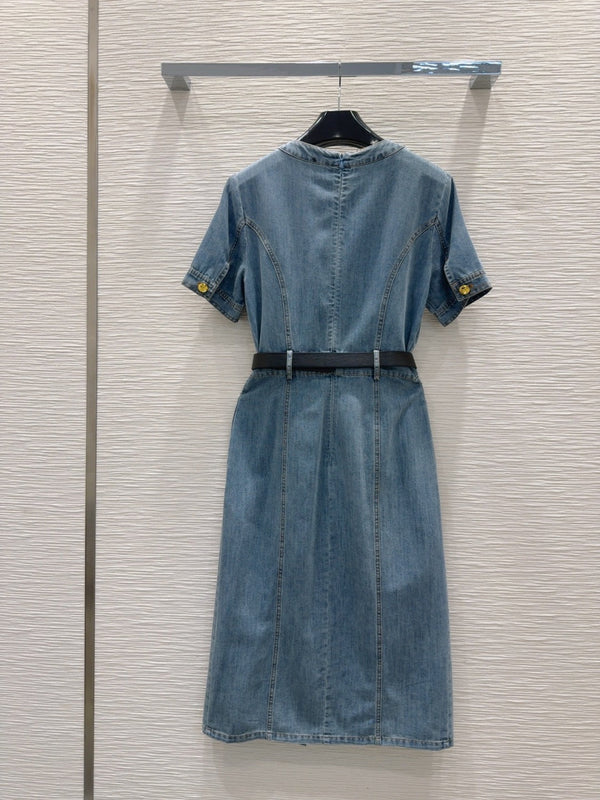 Celine 25 Short-sleeve Denim Dress Blue Cotton