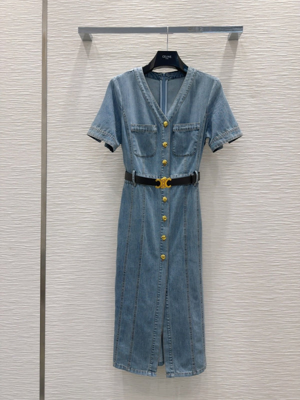 Celine 25 Short-sleeve Denim Dress Blue Cotton