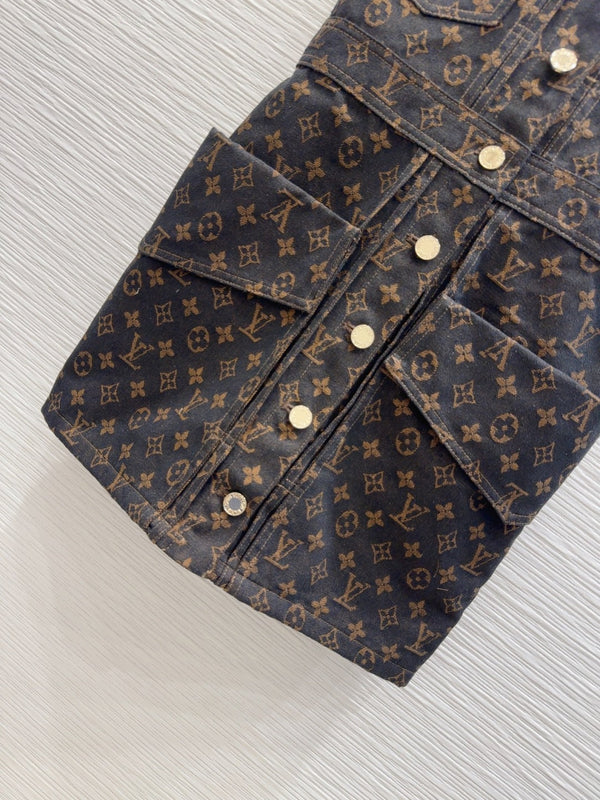 LV 25 Classic Logo Denim Vest Dress Black Cotton