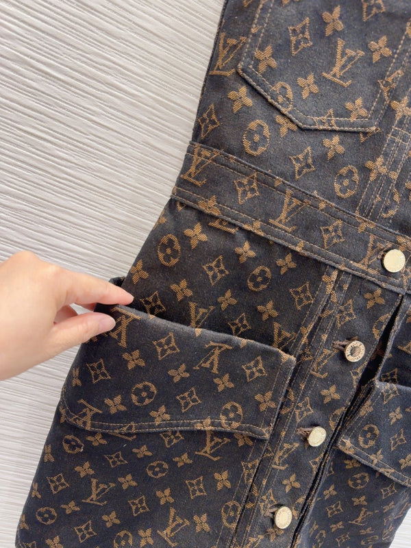 LV 25 Classic Logo Denim Vest Dress Black Cotton