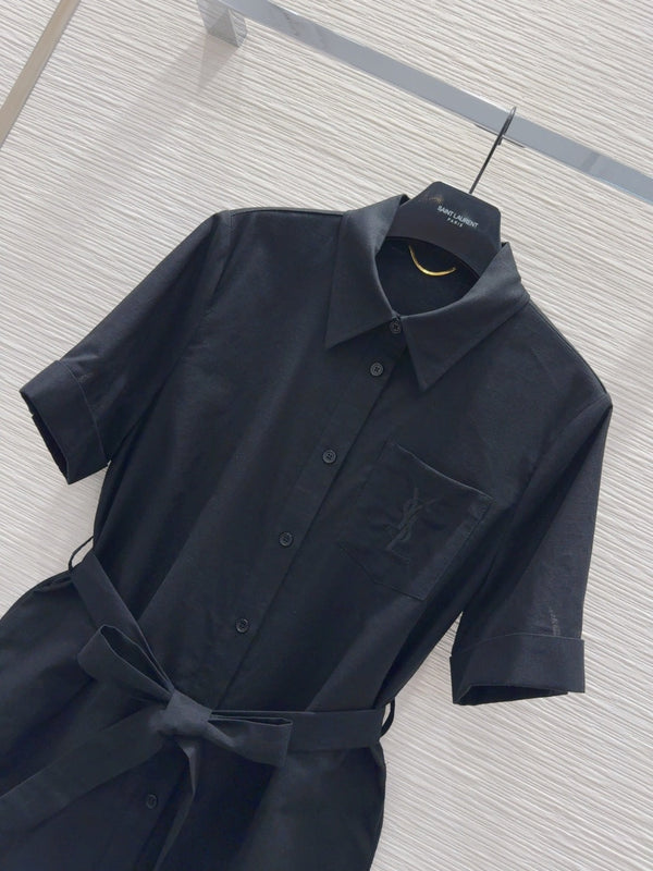 YSL 2025 Shirt Dress Black Flax Cotton