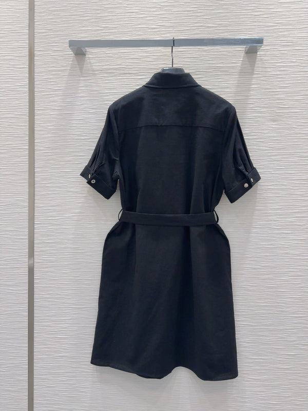 YSL 2025 Shirt Dress Black Flax Cotton