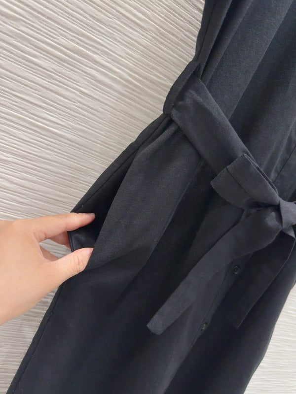 YSL 2025 Shirt Dress Black Flax Cotton