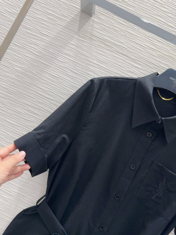 YSL 2025 Shirt Dress Black Flax Cotton