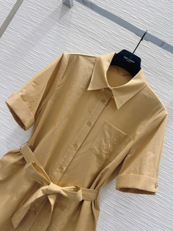 YSL 2025 Shirt Dress Beige Flax Cotton