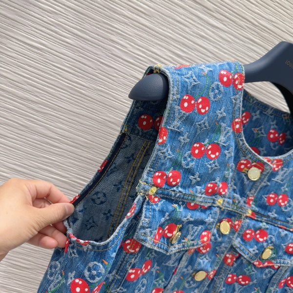 LV 25 Cherry Denim Vest Jacket Blue Cotton