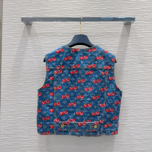 LV 25 Cherry Denim Vest Jacket Blue Cotton