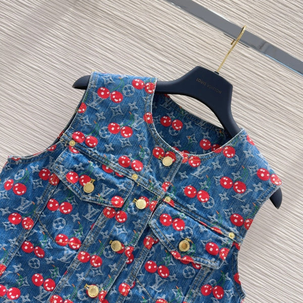 LV 25 Cherry Denim Vest Jacket Blue Cotton