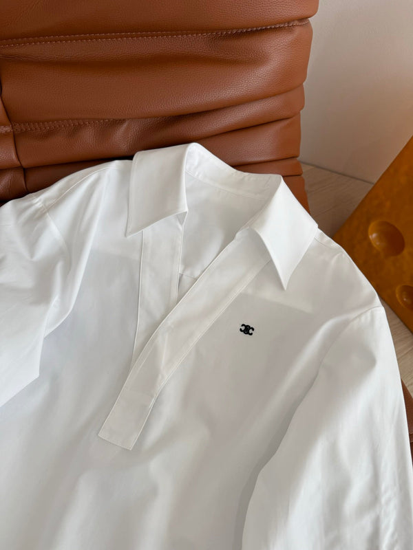 Celine 25 Arc de Triomphe Logo Embroidered V-neck Shirt White Cotton