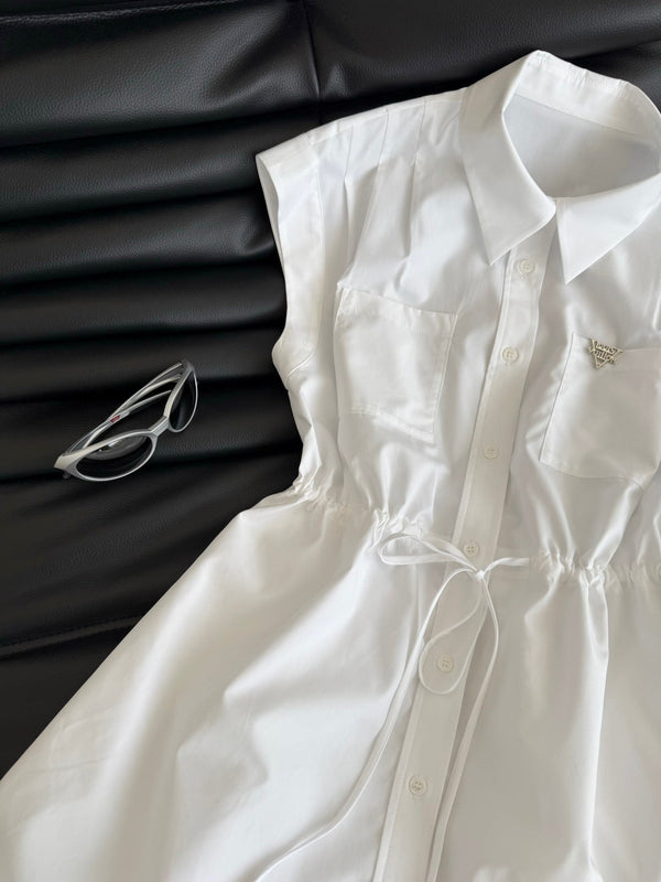 LV 25 Triangle Metal Logo Decorated Dress White Blue Cotton