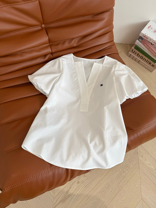 Celine 25 Logo Embroidered Puff Sleeve Shirt Whiet Cotton