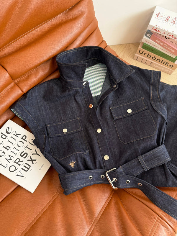 CD 25 Short-sleeved Denim Dress Indigo Blue Cotton