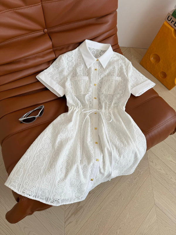 Celine 25 Hollow Shirt Dress with Gold Metal Button White Cotton