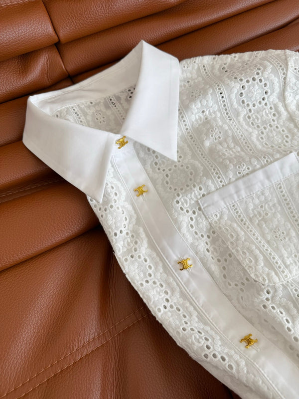 Celine 25 Hollow Shirt Dress with Gold Metal Button White Cotton