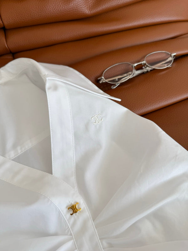 Celine 25 Arc de Triomphe Small Gold Button Pleated Dress White Cotton