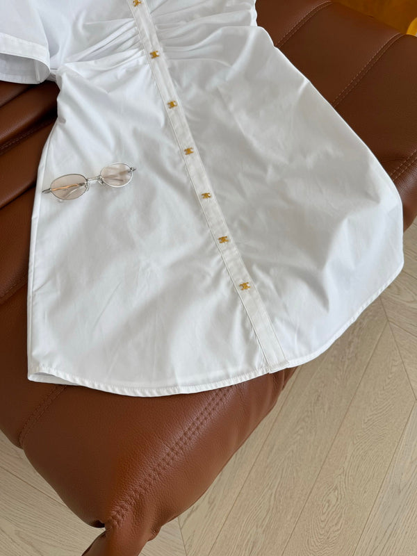 Celine 25 Arc de Triomphe Small Gold Button Pleated Dress White Cotton