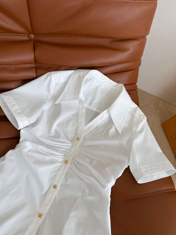 Celine 25 Arc de Triomphe Small Gold Button Pleated Dress White Cotton