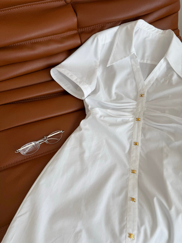 Celine 25 Arc de Triomphe Small Gold Button Pleated Dress White Cotton