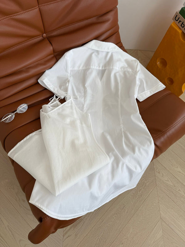 Celine 25 Arc de Triomphe Small Gold Button Pleated Dress White Cotton