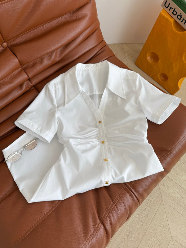 Celine 25 Arc de Triomphe Small Gold Button Pleated Dress White Cotton