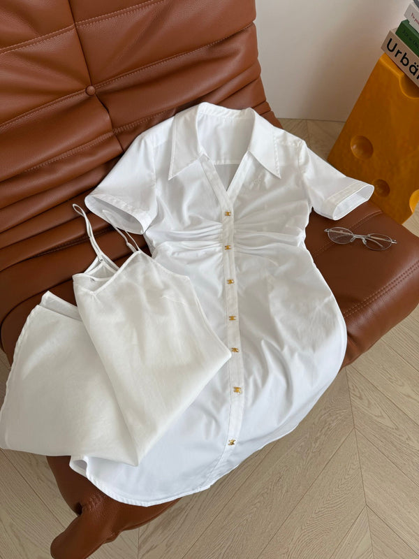 Celine 25 Arc de Triomphe Small Gold Button Pleated Dress White Cotton