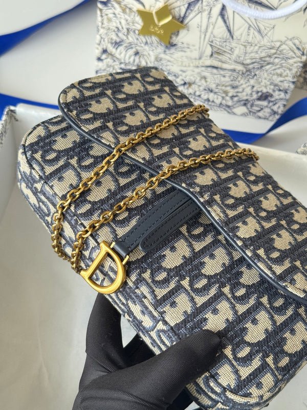 CD Medium Saddle Pouch with Chain 21.5cm Blue Jacquard Cowhide GHW