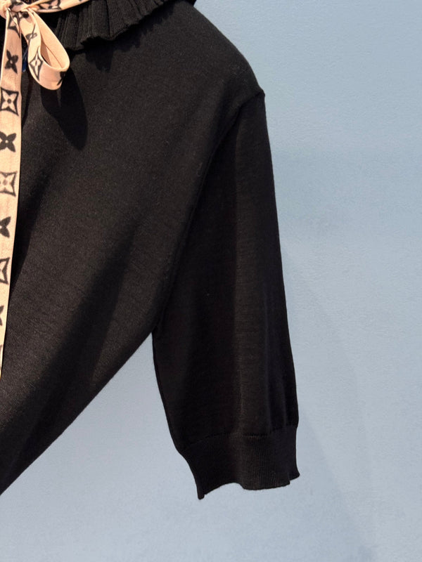 LV 25 Lace Stand-Up Collar Ribbon Short-Sleeved Shirt Black Wool Silk