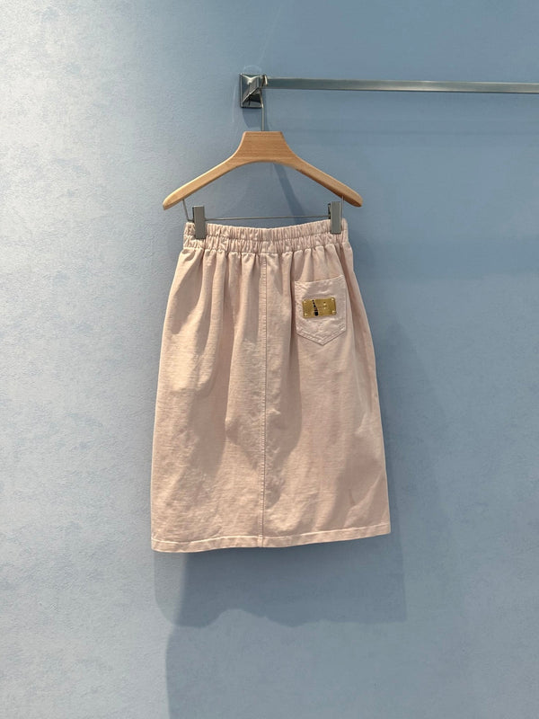 LV Designer Dress With Metal Logo Buttons Light Skirt Pink Cotton